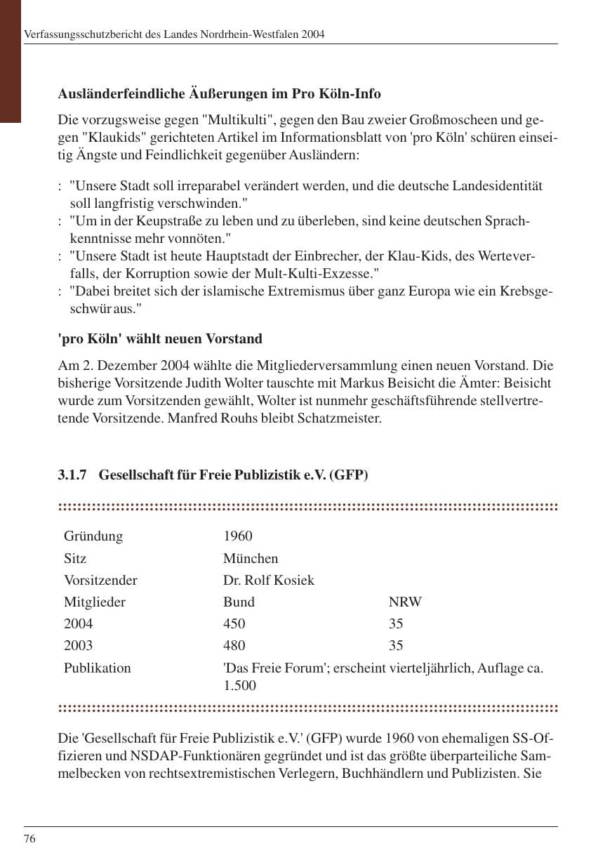 Seite 78 des Verfassungsschutzbericht 2004 Nordrhein-Westfalen