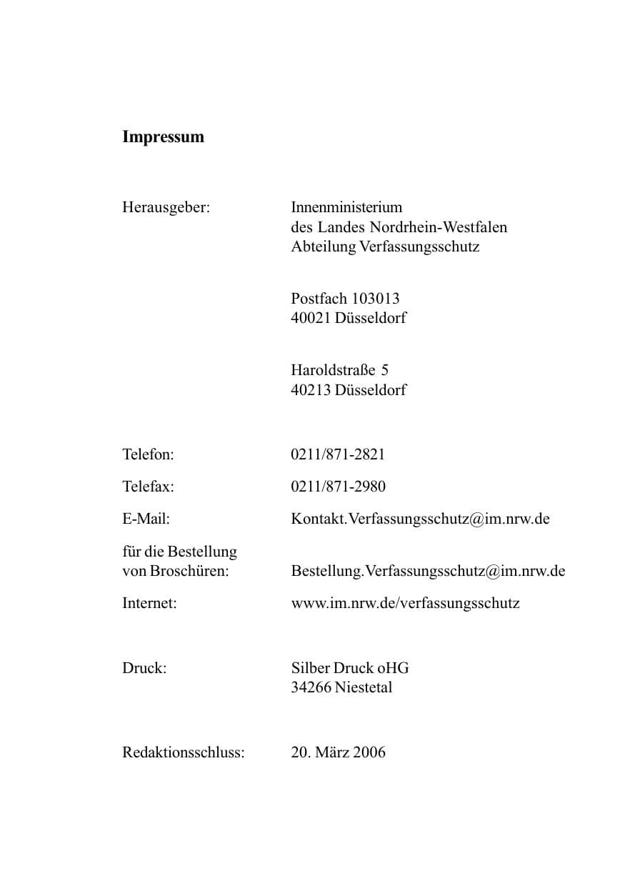 Seite 2 des Verfassungsschutzbericht 2005 Nordrhein-Westfalen