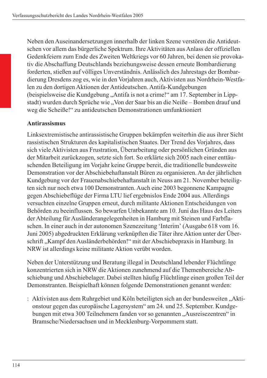 Seite 116 des Verfassungsschutzbericht 2005 Nordrhein-Westfalen