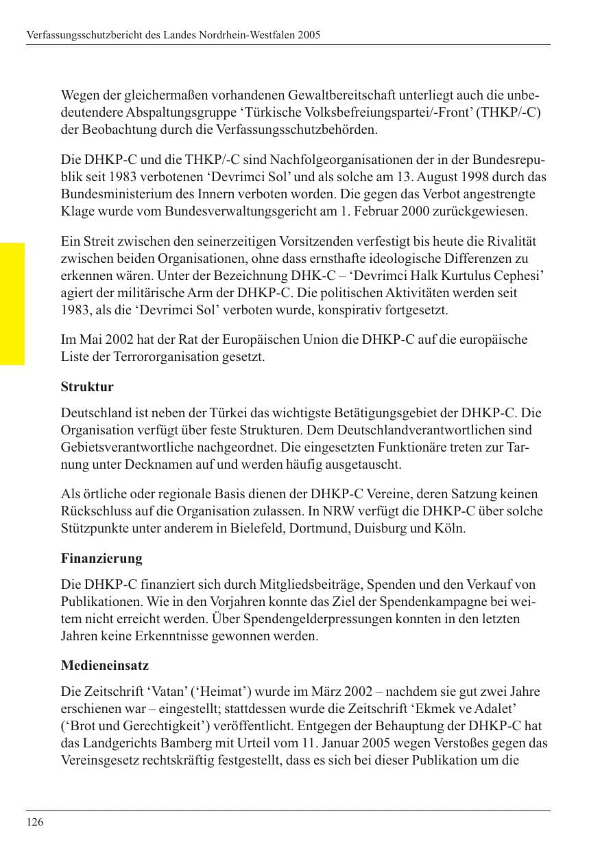 Seite 128 des Verfassungsschutzbericht 2005 Nordrhein-Westfalen