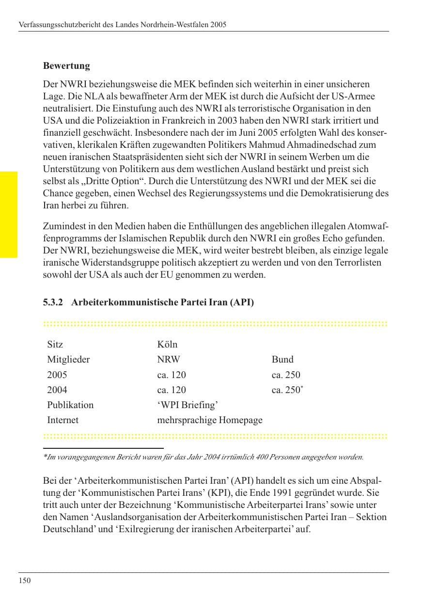 Seite 152 des Verfassungsschutzbericht 2005 Nordrhein-Westfalen
