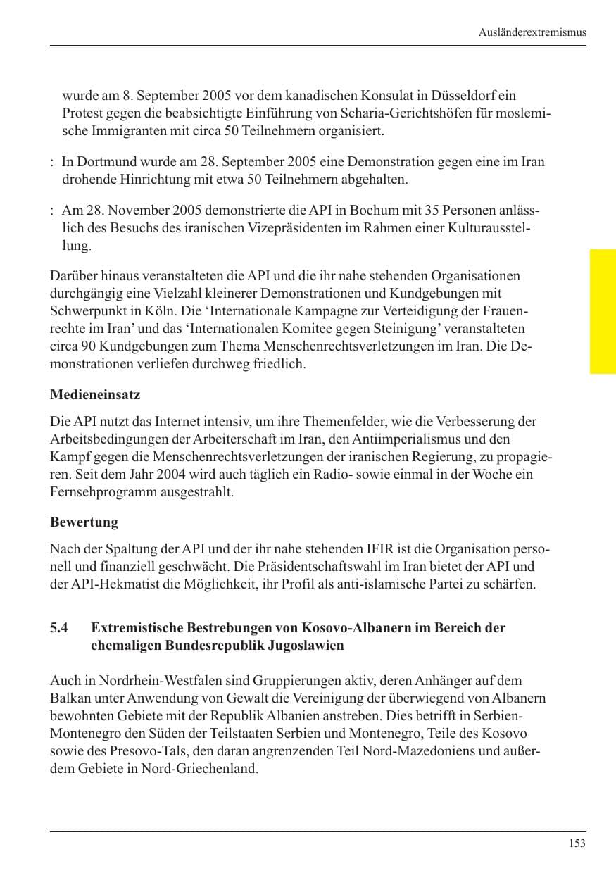 Seite 155 des Verfassungsschutzbericht 2005 Nordrhein-Westfalen