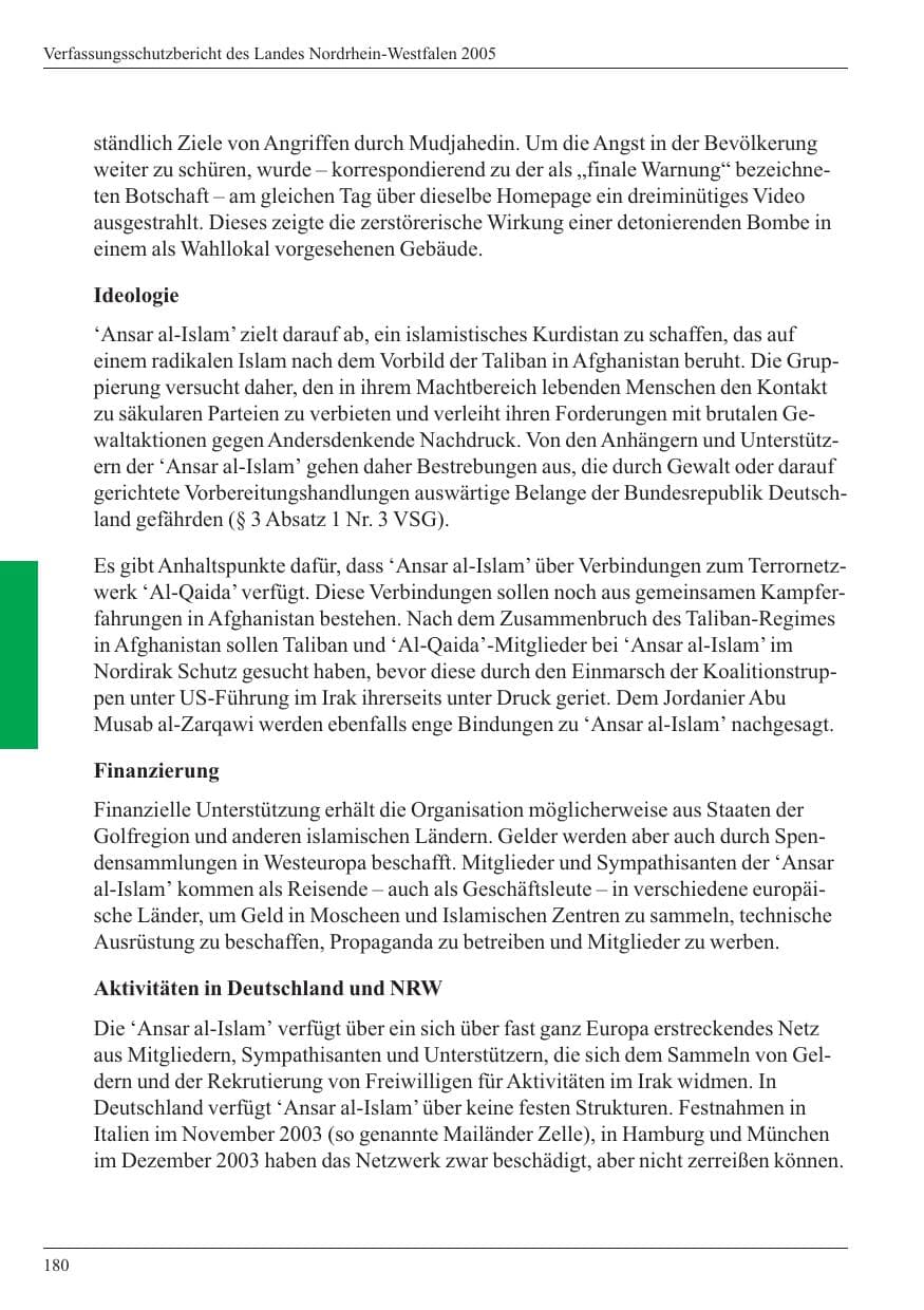 Seite 182 des Verfassungsschutzbericht 2005 Nordrhein-Westfalen