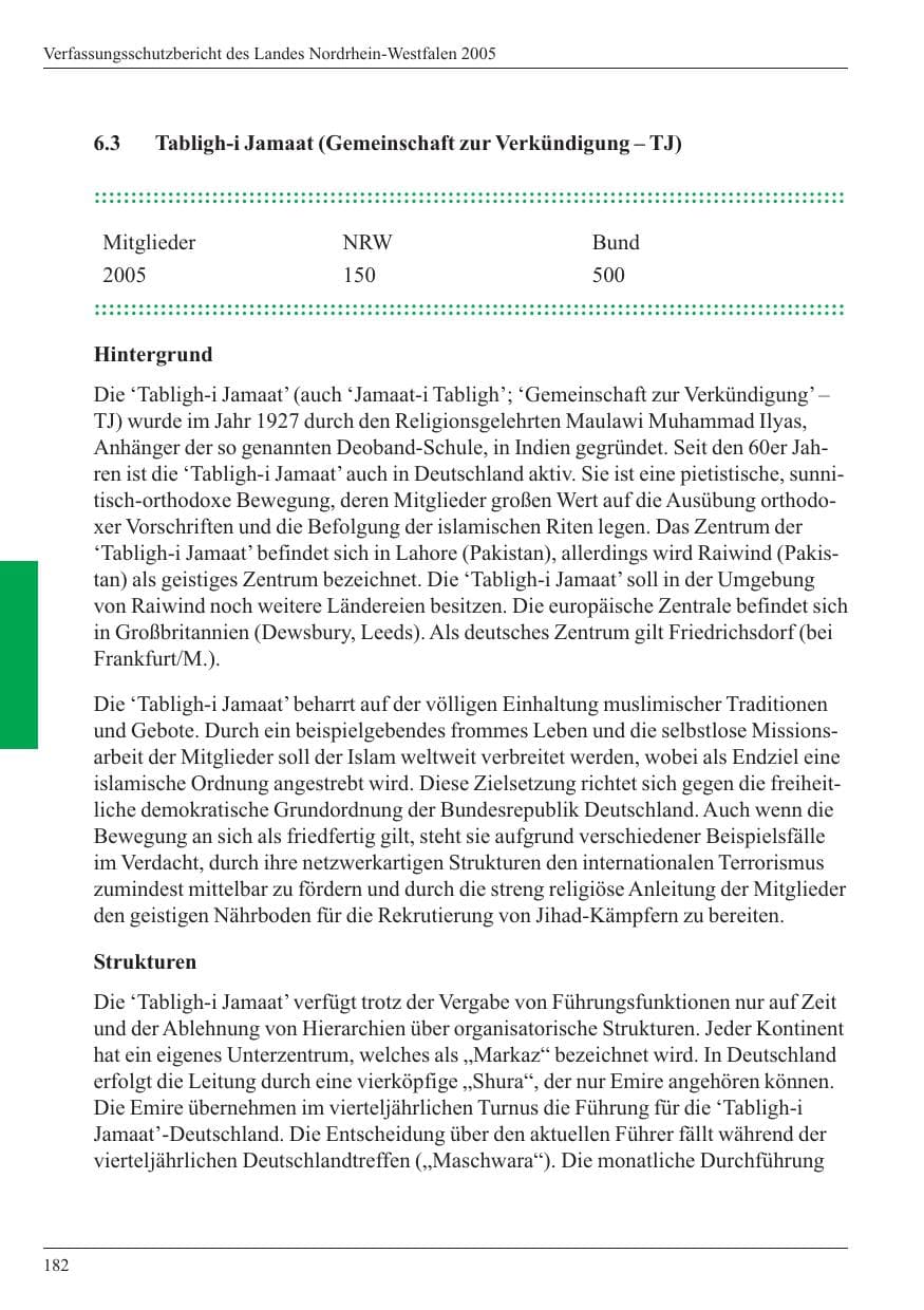 Seite 184 des Verfassungsschutzbericht 2005 Nordrhein-Westfalen