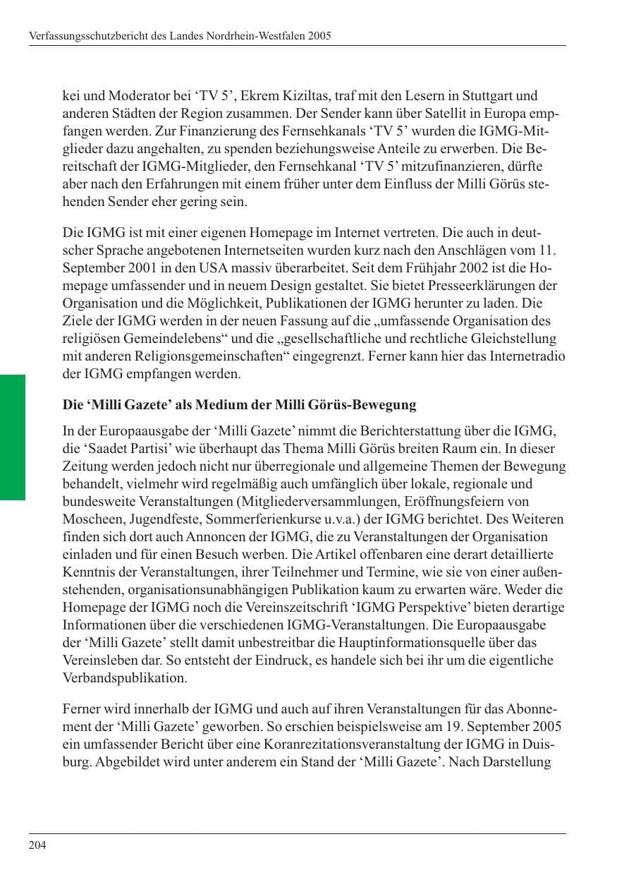 Seite 206 des Verfassungsschutzbericht 2005 Nordrhein-Westfalen
