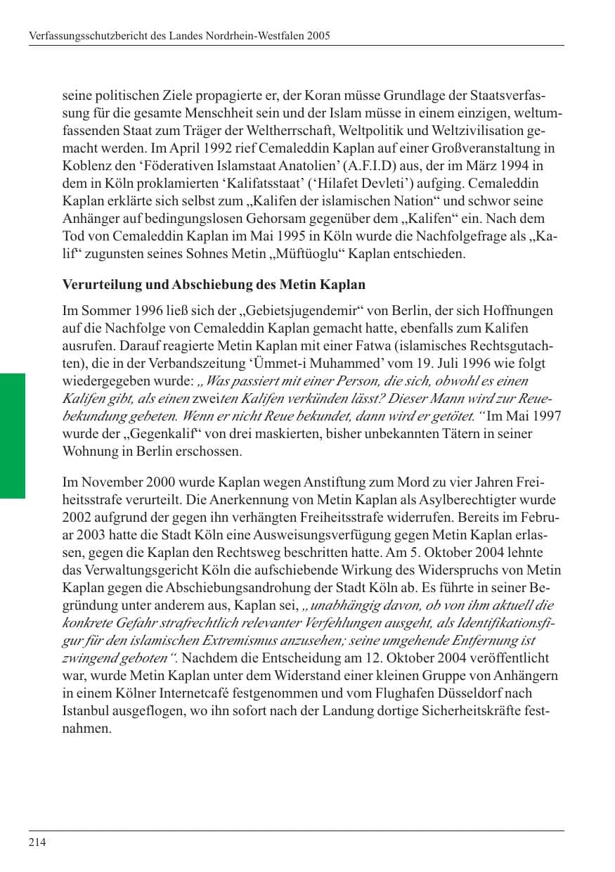 Seite 216 des Verfassungsschutzbericht 2005 Nordrhein-Westfalen