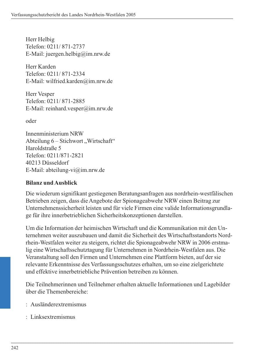 Seite 244 des Verfassungsschutzbericht 2005 Nordrhein-Westfalen
