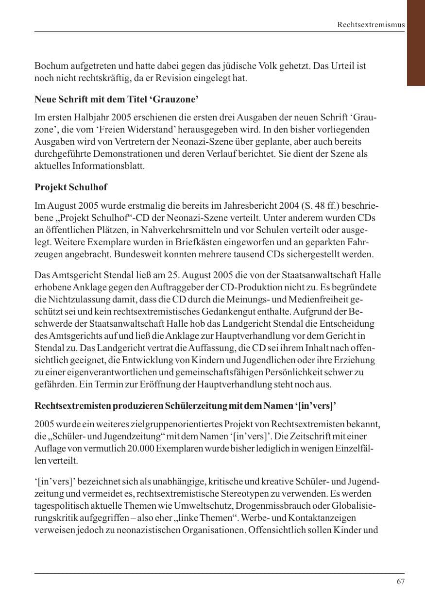 Seite 69 des Verfassungsschutzbericht 2005 Nordrhein-Westfalen