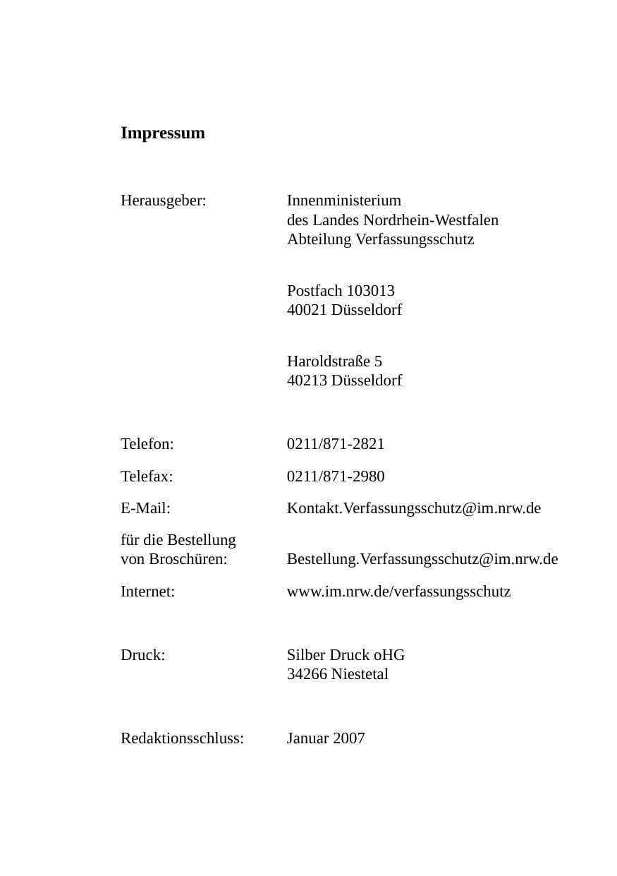 Seite 2 des Verfassungsschutzbericht 2006 Nordrhein-Westfalen