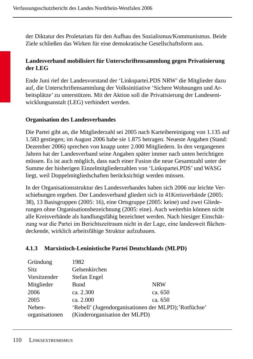 Seite 112 des Verfassungsschutzbericht 2006 Nordrhein-Westfalen