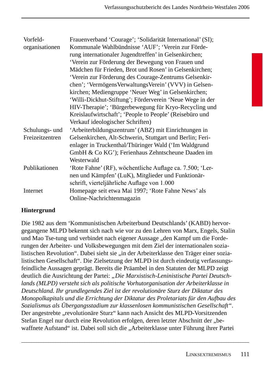 Seite 113 des Verfassungsschutzbericht 2006 Nordrhein-Westfalen