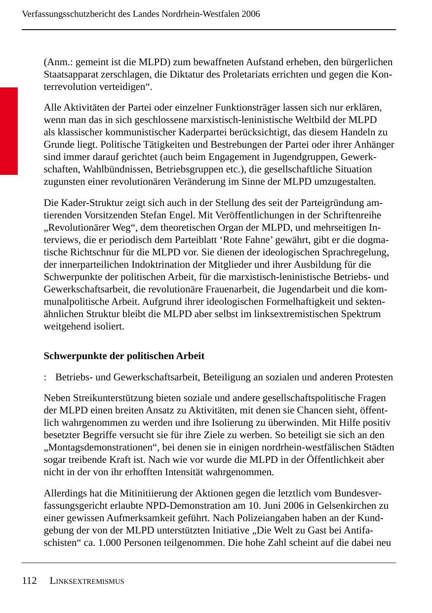 Seite 114 des Verfassungsschutzbericht 2006 Nordrhein-Westfalen