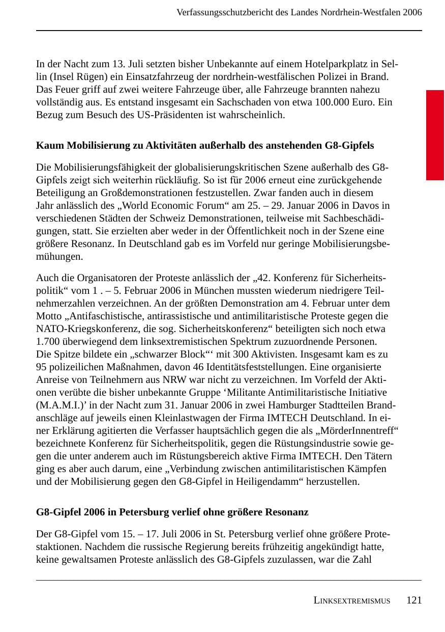 Seite 123 des Verfassungsschutzbericht 2006 Nordrhein-Westfalen