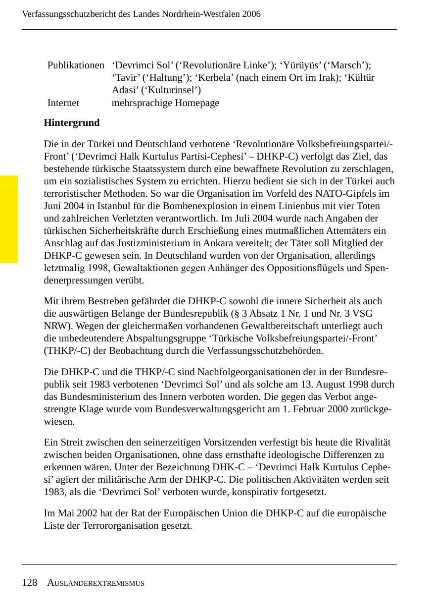 Seite 130 des Verfassungsschutzbericht 2006 Nordrhein-Westfalen