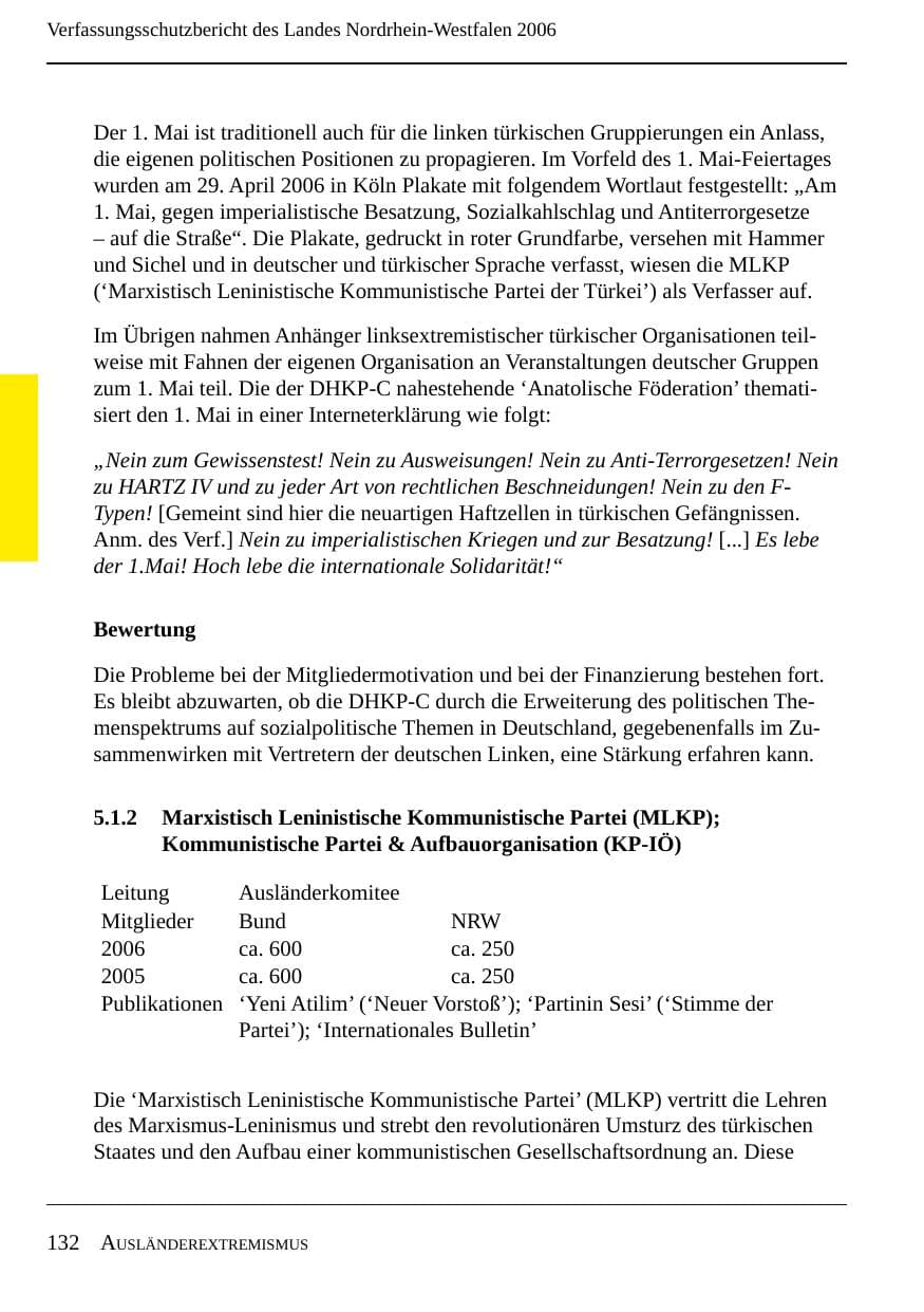 Seite 134 des Verfassungsschutzbericht 2006 Nordrhein-Westfalen