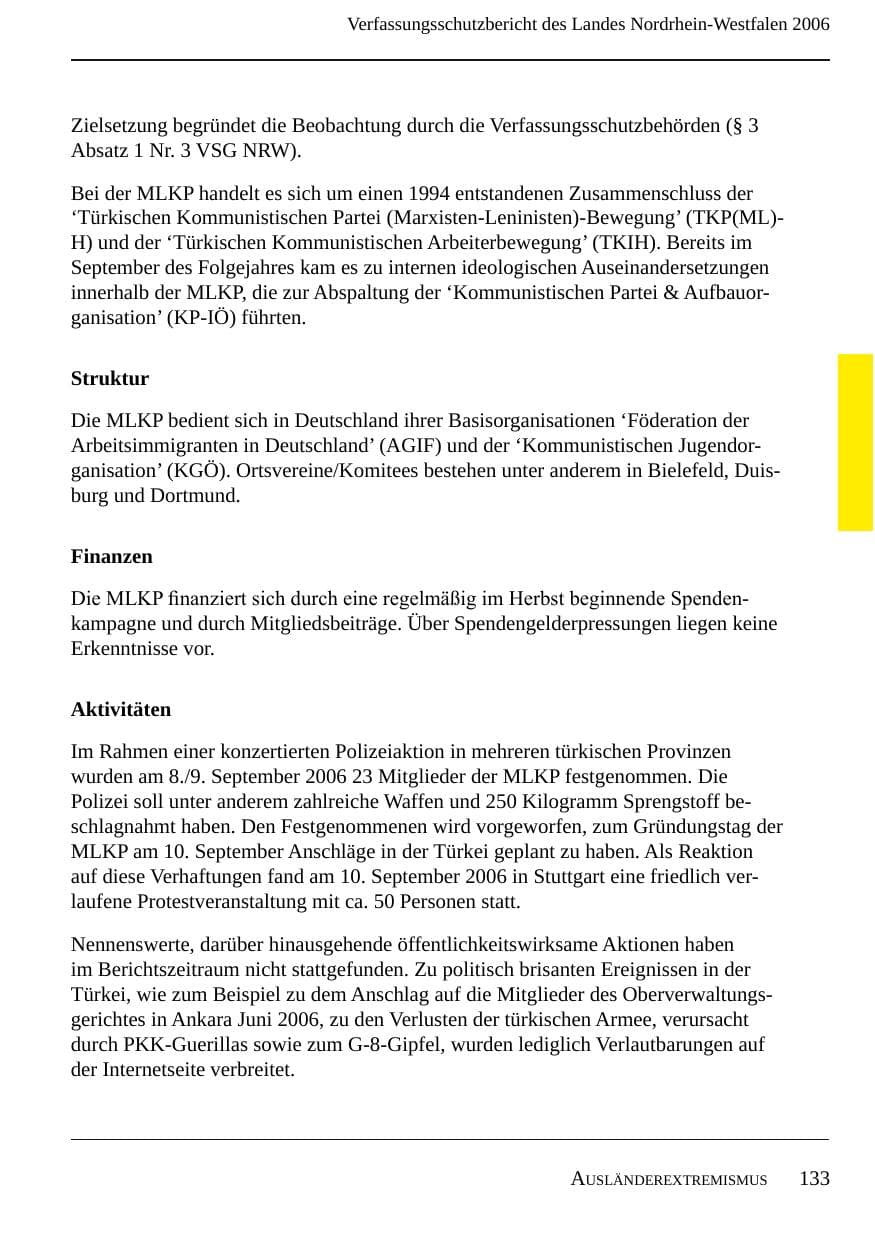 Seite 135 des Verfassungsschutzbericht 2006 Nordrhein-Westfalen