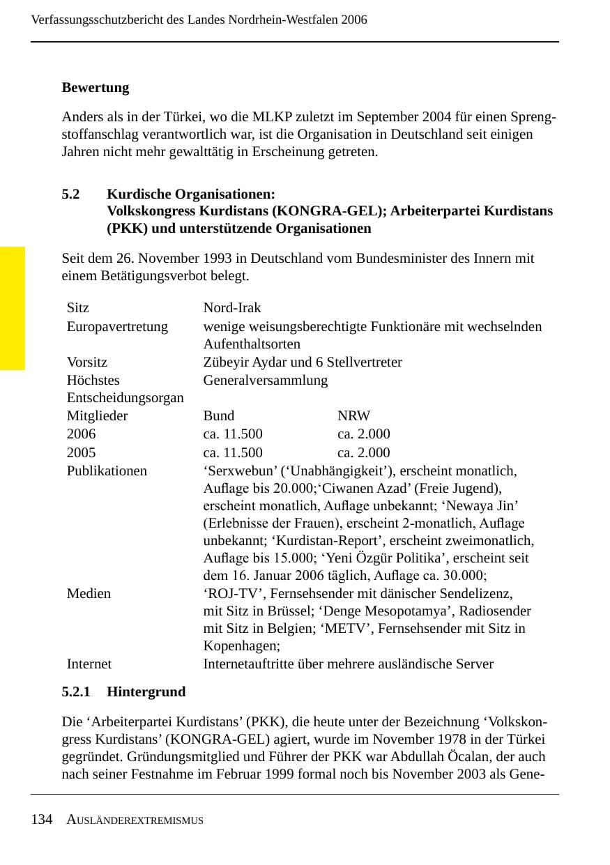 Seite 136 des Verfassungsschutzbericht 2006 Nordrhein-Westfalen