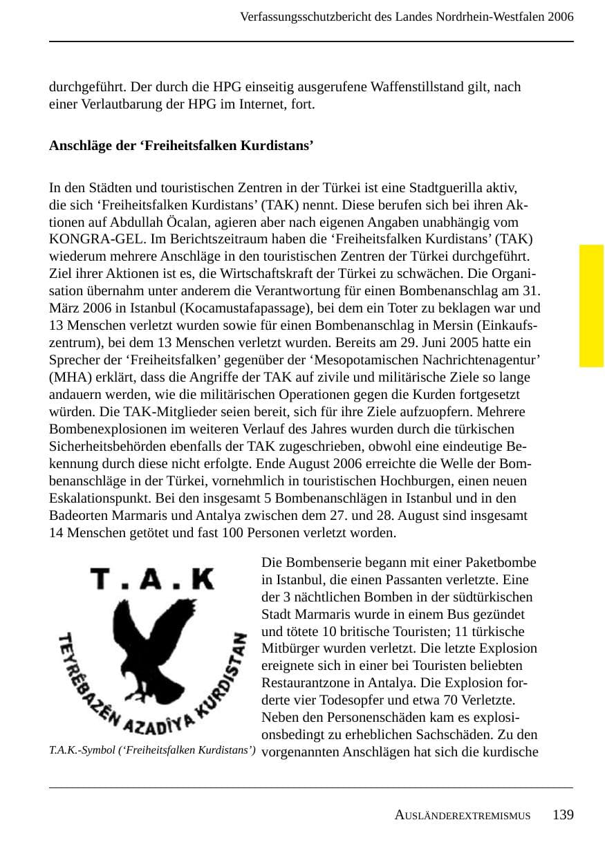Seite 141 des Verfassungsschutzbericht 2006 Nordrhein-Westfalen