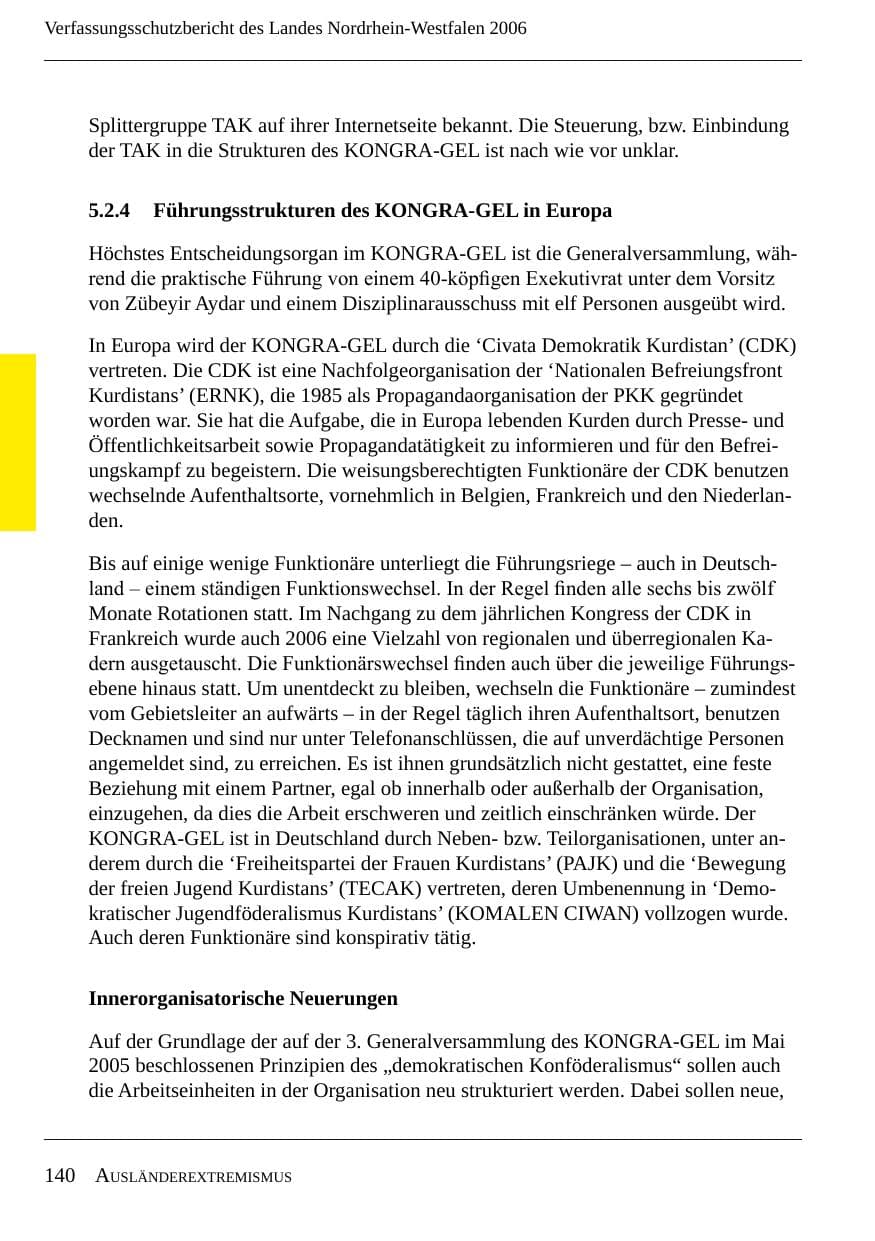 Seite 142 des Verfassungsschutzbericht 2006 Nordrhein-Westfalen