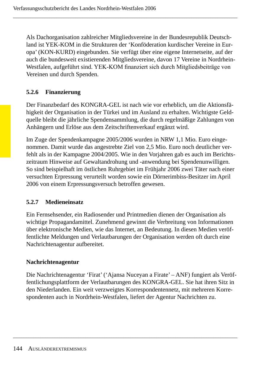 Seite 146 des Verfassungsschutzbericht 2006 Nordrhein-Westfalen