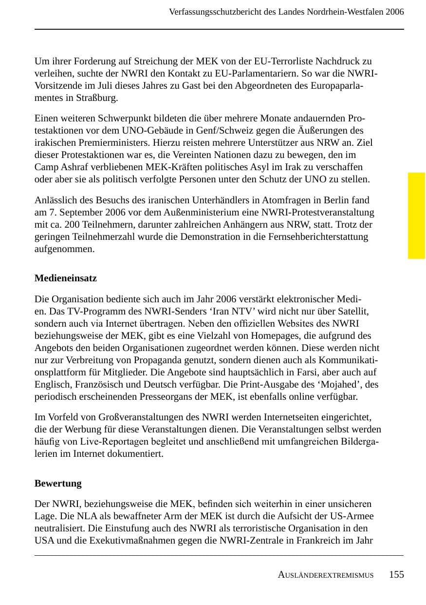 Seite 157 des Verfassungsschutzbericht 2006 Nordrhein-Westfalen