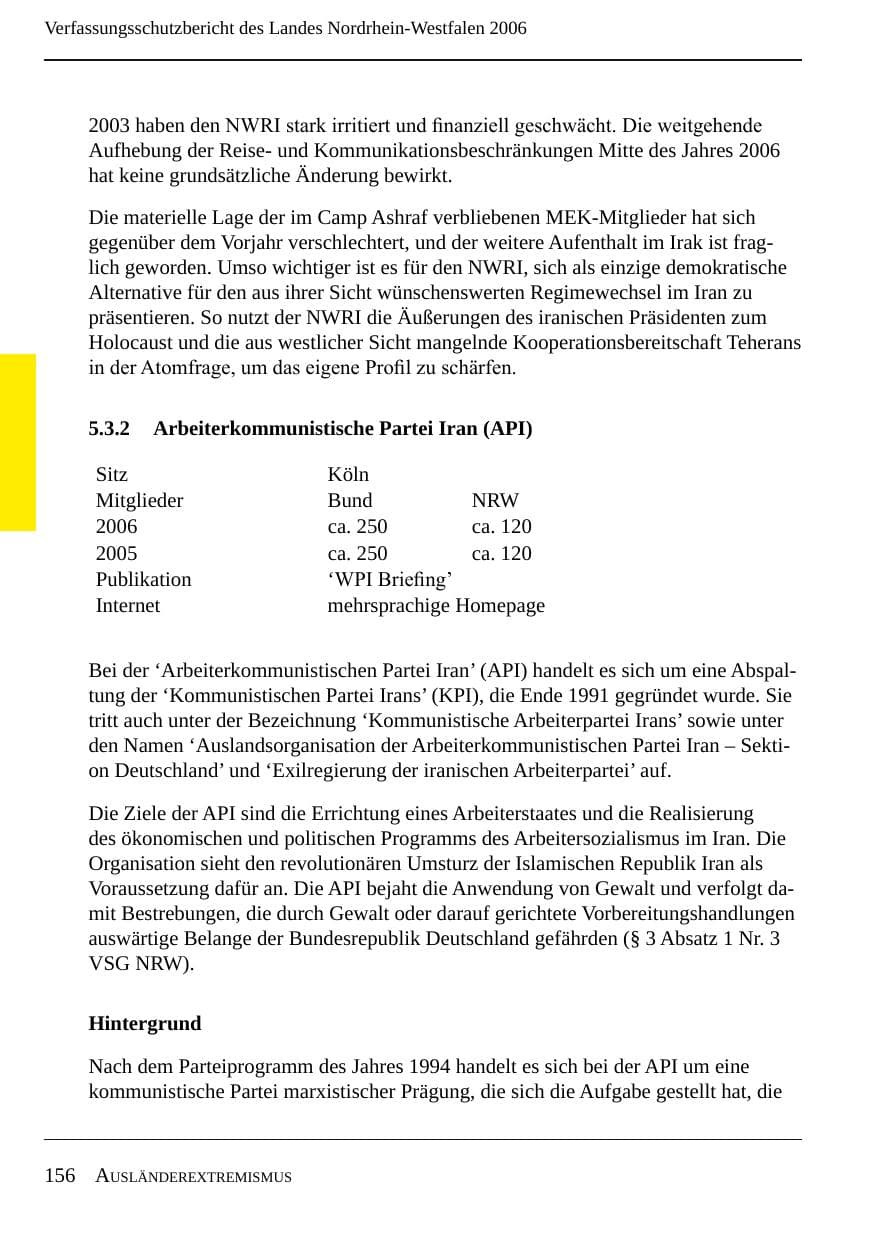 Seite 158 des Verfassungsschutzbericht 2006 Nordrhein-Westfalen