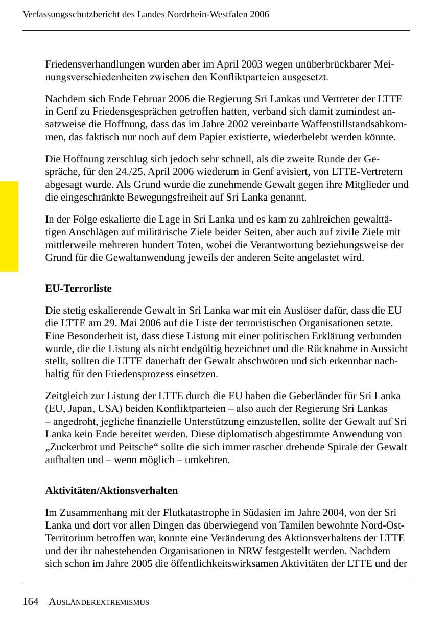Seite 166 des Verfassungsschutzbericht 2006 Nordrhein-Westfalen