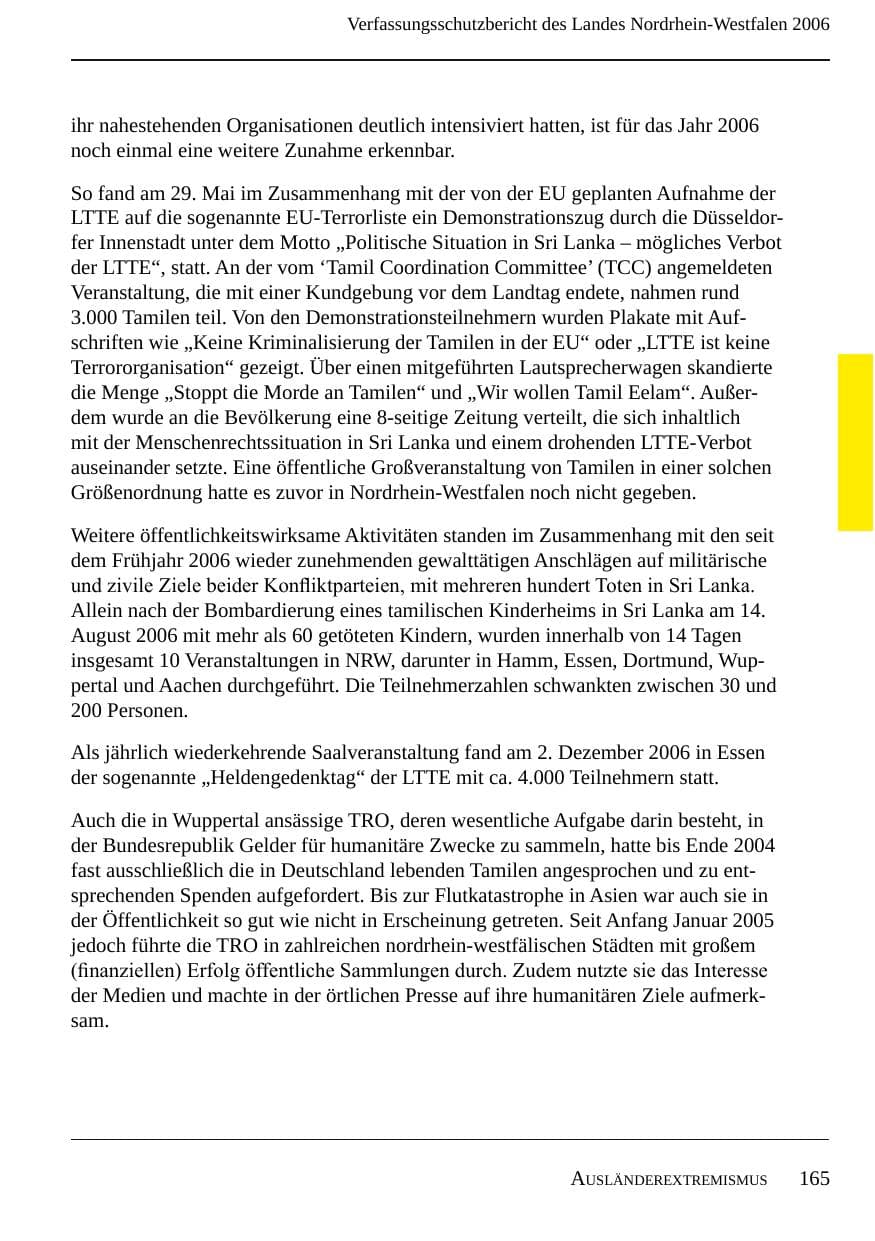 Seite 167 des Verfassungsschutzbericht 2006 Nordrhein-Westfalen