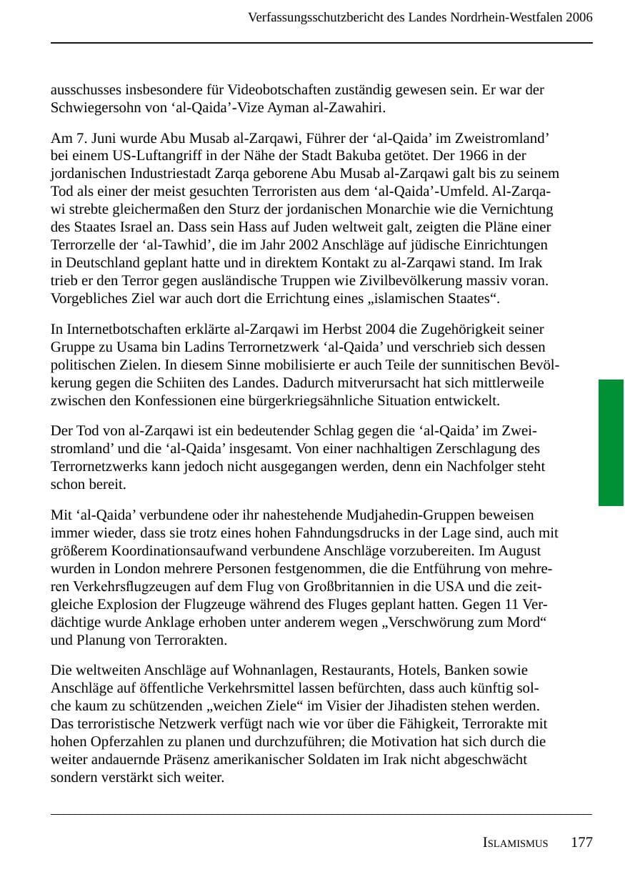 Seite 179 des Verfassungsschutzbericht 2006 Nordrhein-Westfalen