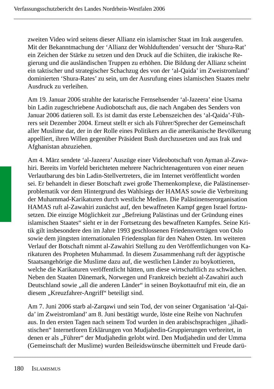 Seite 182 des Verfassungsschutzbericht 2006 Nordrhein-Westfalen