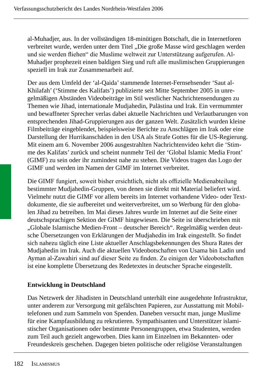 Seite 184 des Verfassungsschutzbericht 2006 Nordrhein-Westfalen