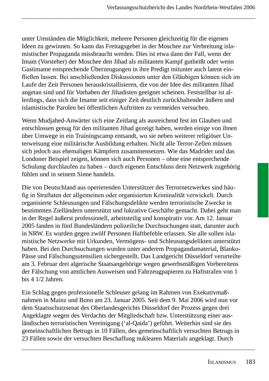 Seite 185 des Verfassungsschutzbericht 2006 Nordrhein-Westfalen