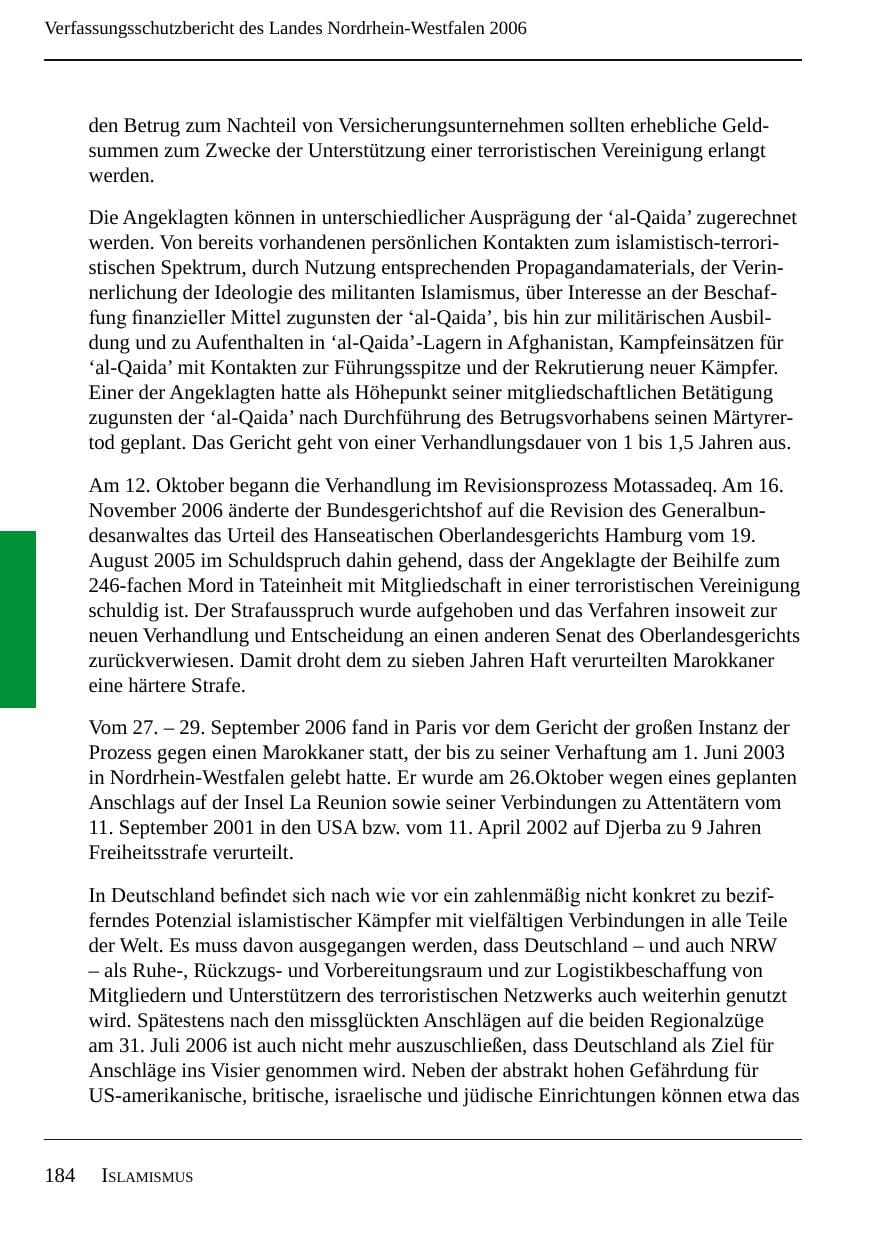 Seite 186 des Verfassungsschutzbericht 2006 Nordrhein-Westfalen