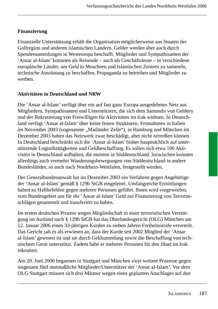 Seite 189 des Verfassungsschutzbericht 2006 Nordrhein-Westfalen