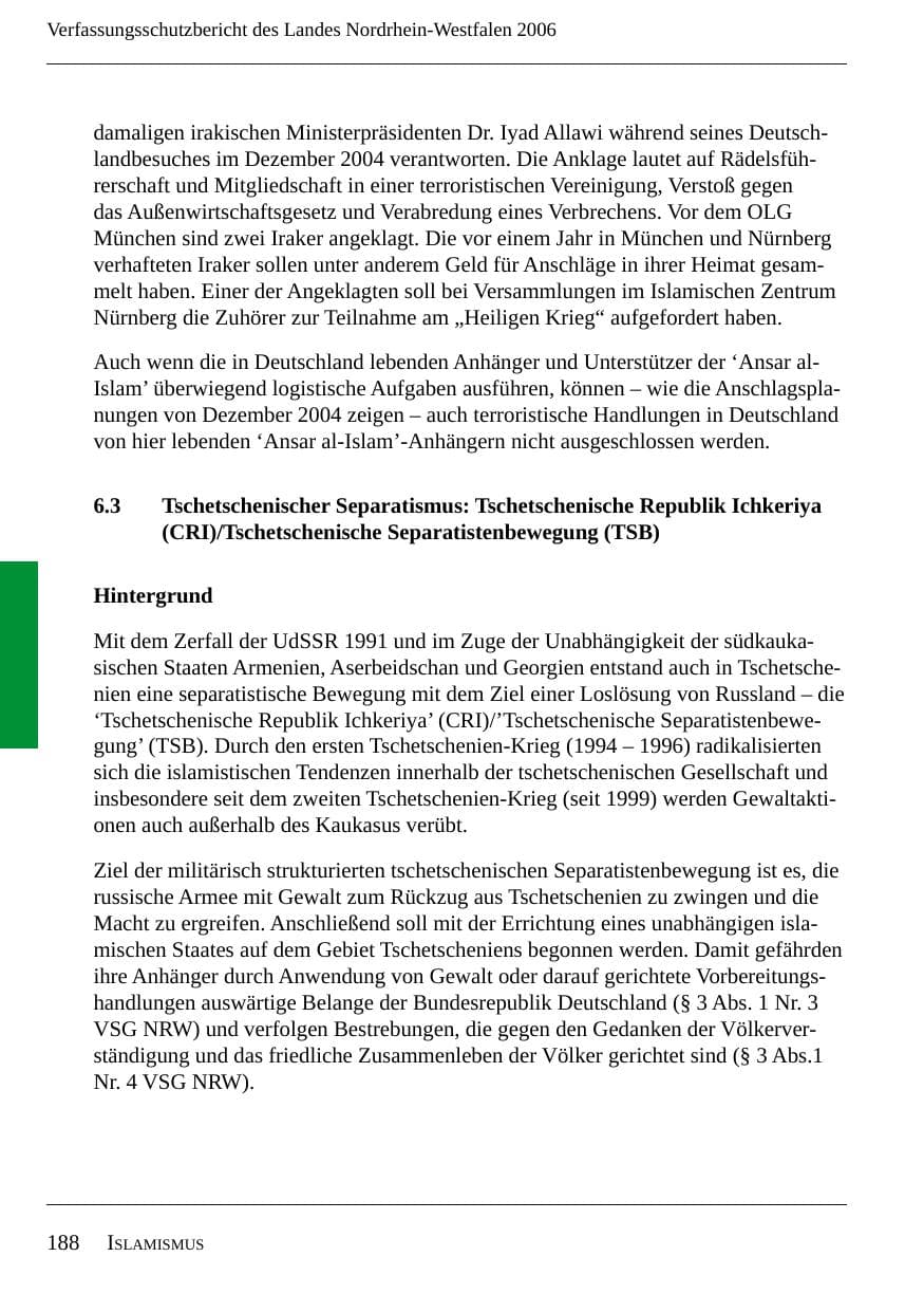 Seite 190 des Verfassungsschutzbericht 2006 Nordrhein-Westfalen