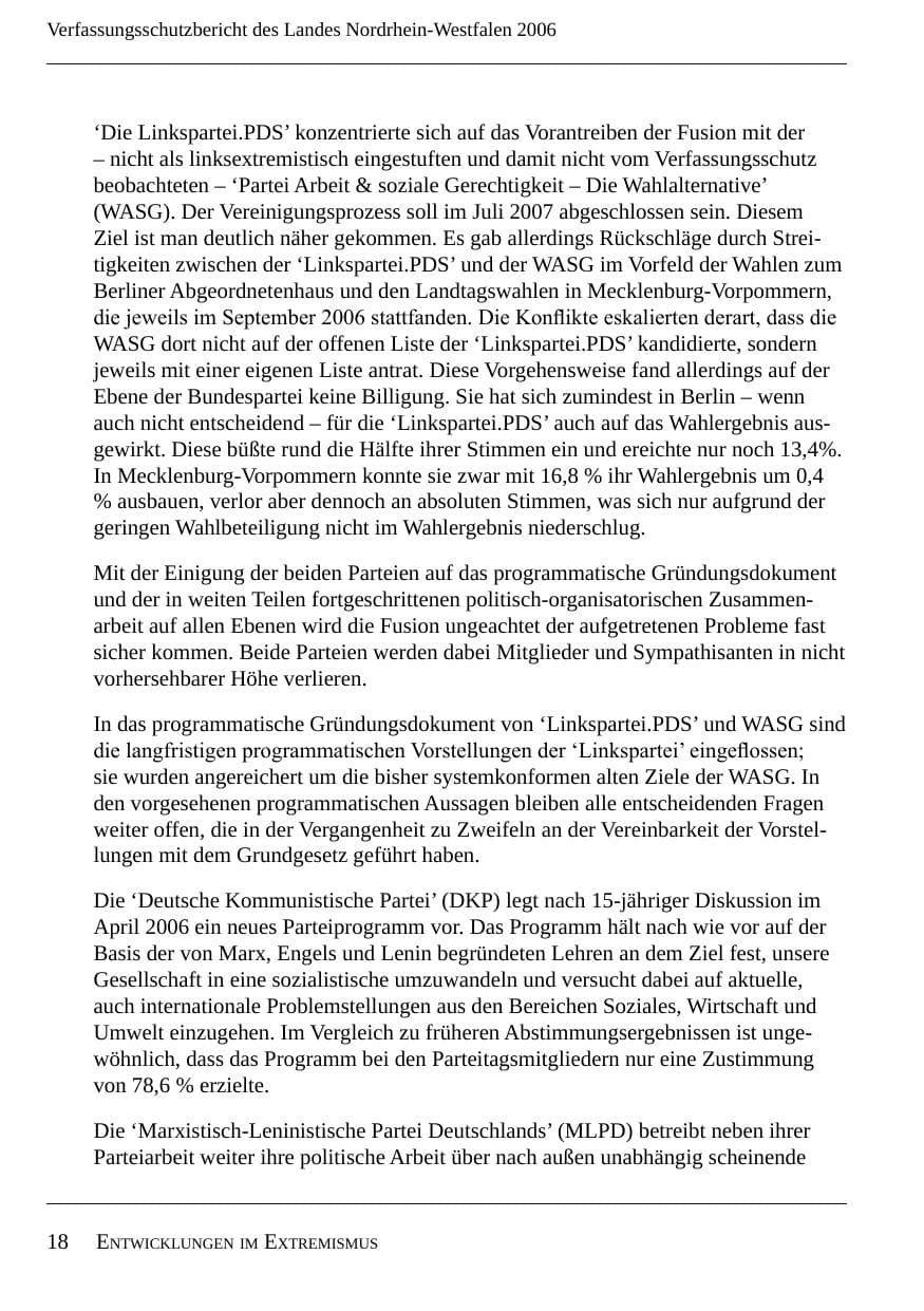 Seite 20 des Verfassungsschutzbericht 2006 Nordrhein-Westfalen
