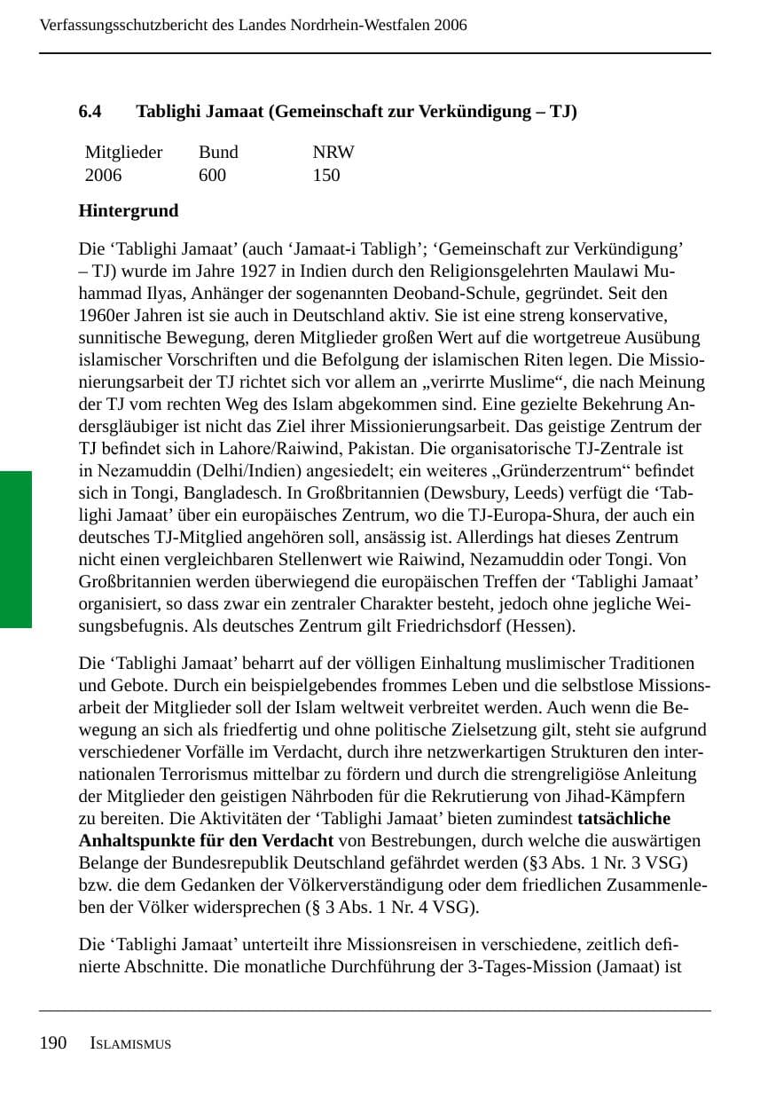 Seite 192 des Verfassungsschutzbericht 2006 Nordrhein-Westfalen