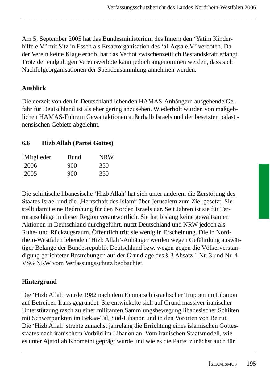 Seite 197 des Verfassungsschutzbericht 2006 Nordrhein-Westfalen