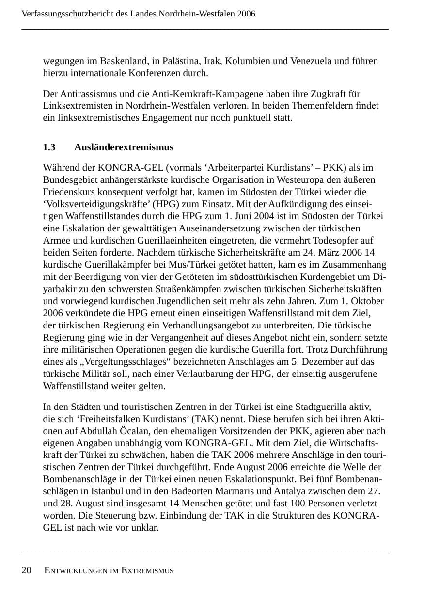 Seite 22 des Verfassungsschutzbericht 2006 Nordrhein-Westfalen