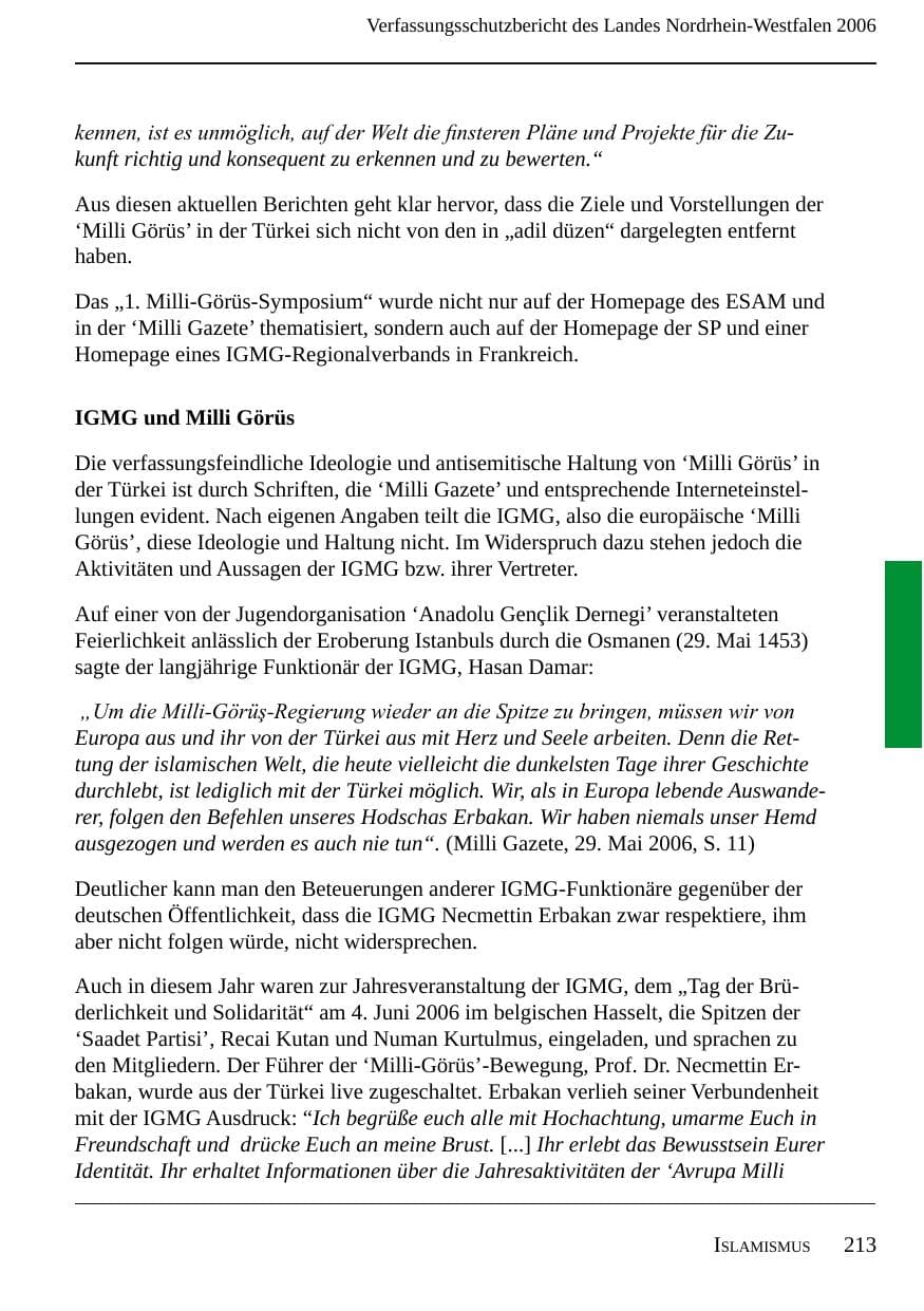 Seite 215 des Verfassungsschutzbericht 2006 Nordrhein-Westfalen