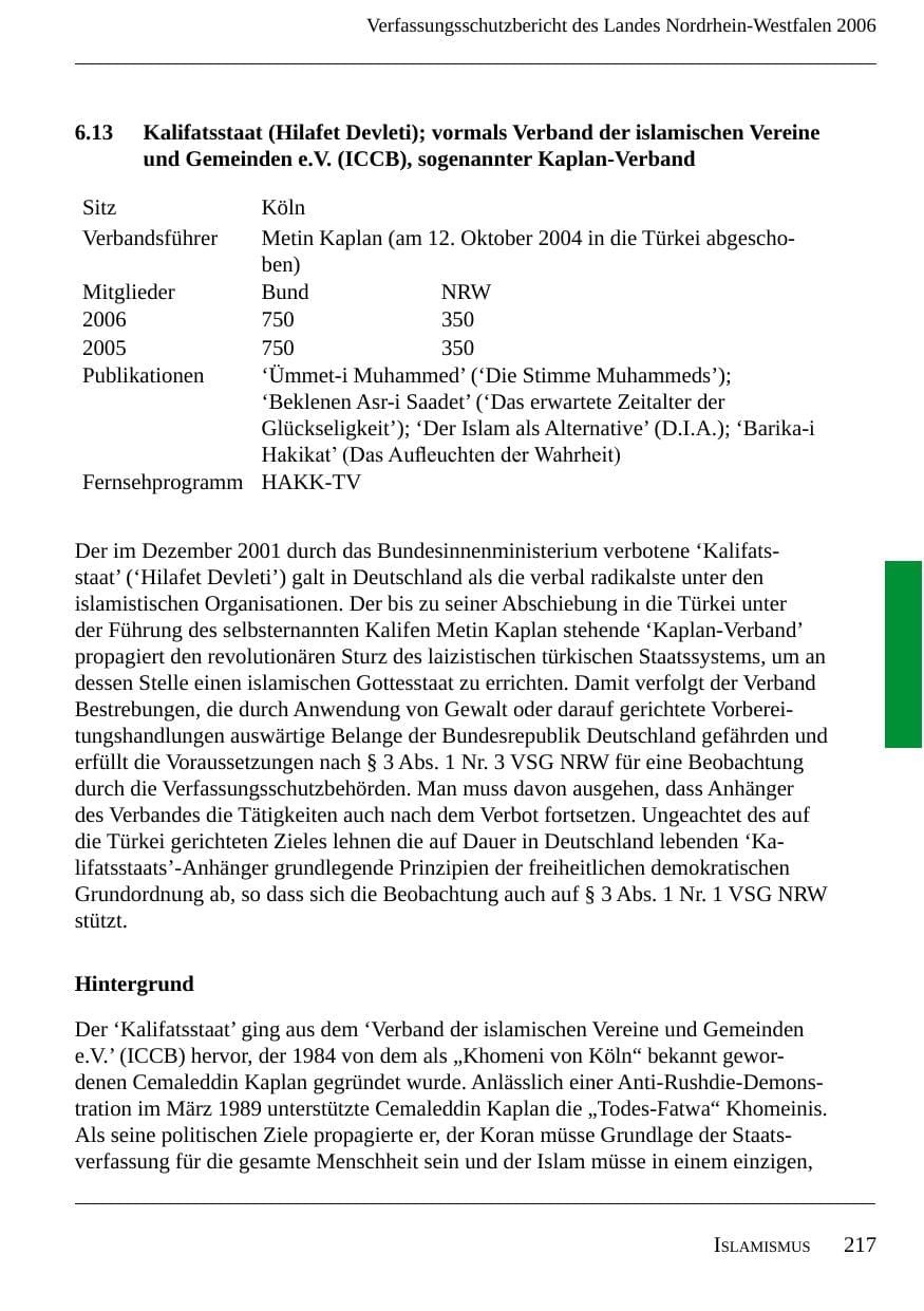 Seite 219 des Verfassungsschutzbericht 2006 Nordrhein-Westfalen
