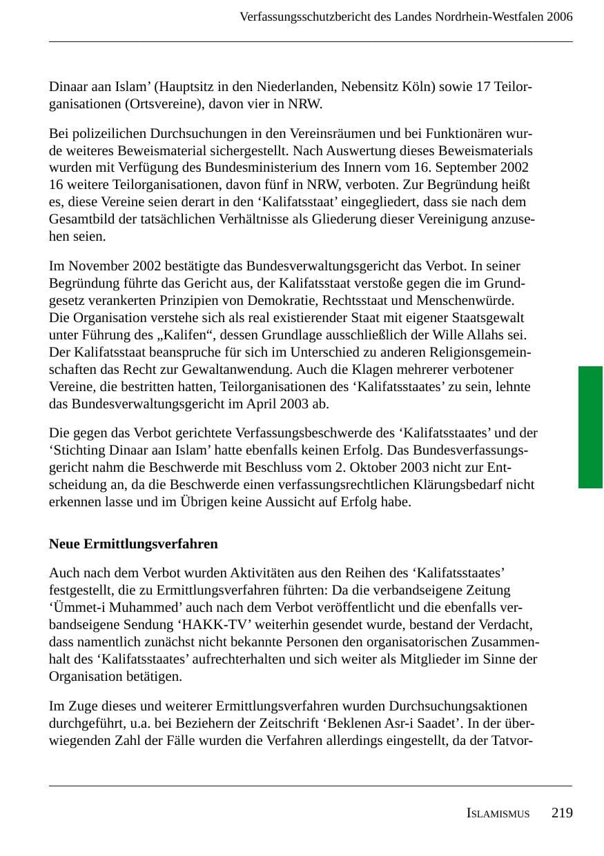 Seite 221 des Verfassungsschutzbericht 2006 Nordrhein-Westfalen