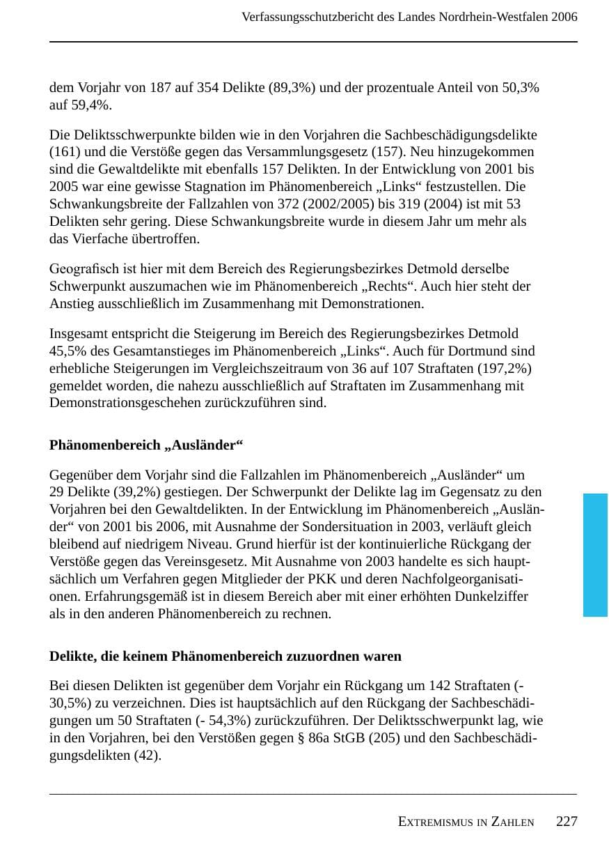 Seite 229 des Verfassungsschutzbericht 2006 Nordrhein-Westfalen
