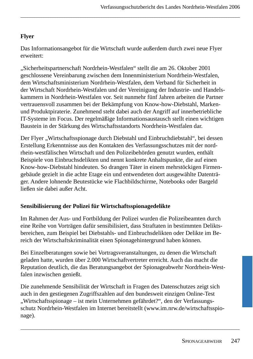 Seite 249 des Verfassungsschutzbericht 2006 Nordrhein-Westfalen
