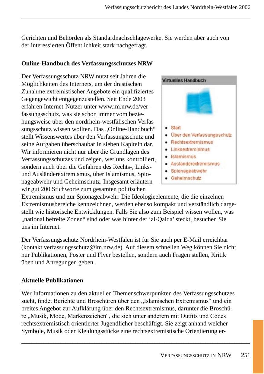 Seite 253 des Verfassungsschutzbericht 2006 Nordrhein-Westfalen