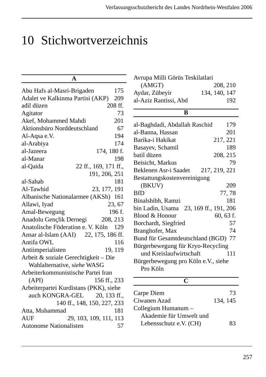 Seite 259 des Verfassungsschutzbericht 2006 Nordrhein-Westfalen