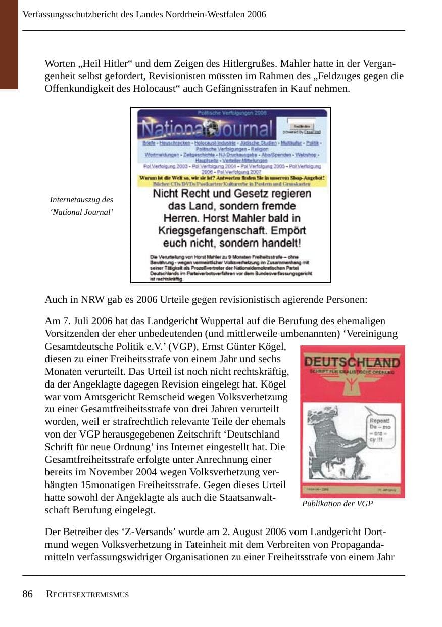 Seite 88 des Verfassungsschutzbericht 2006 Nordrhein-Westfalen