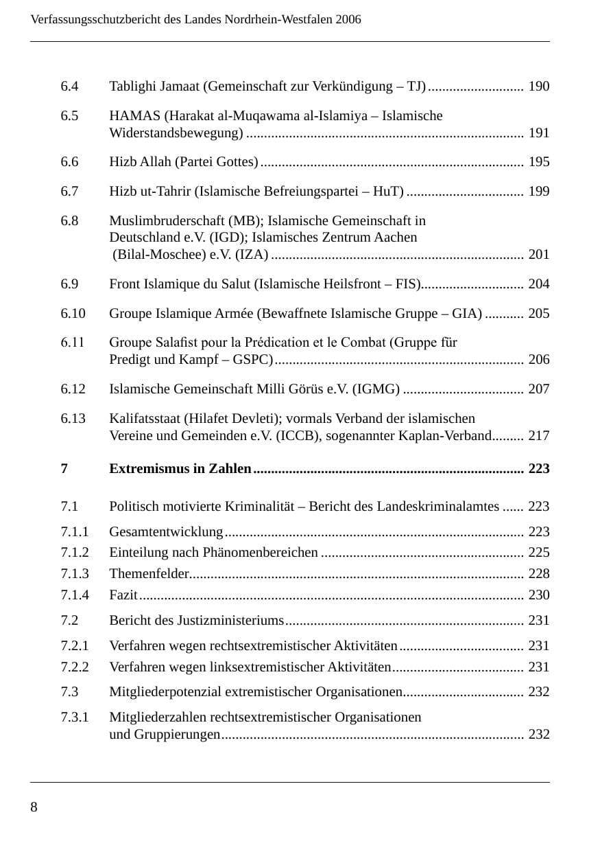 Seite 10 des Verfassungsschutzbericht 2006 Nordrhein-Westfalen