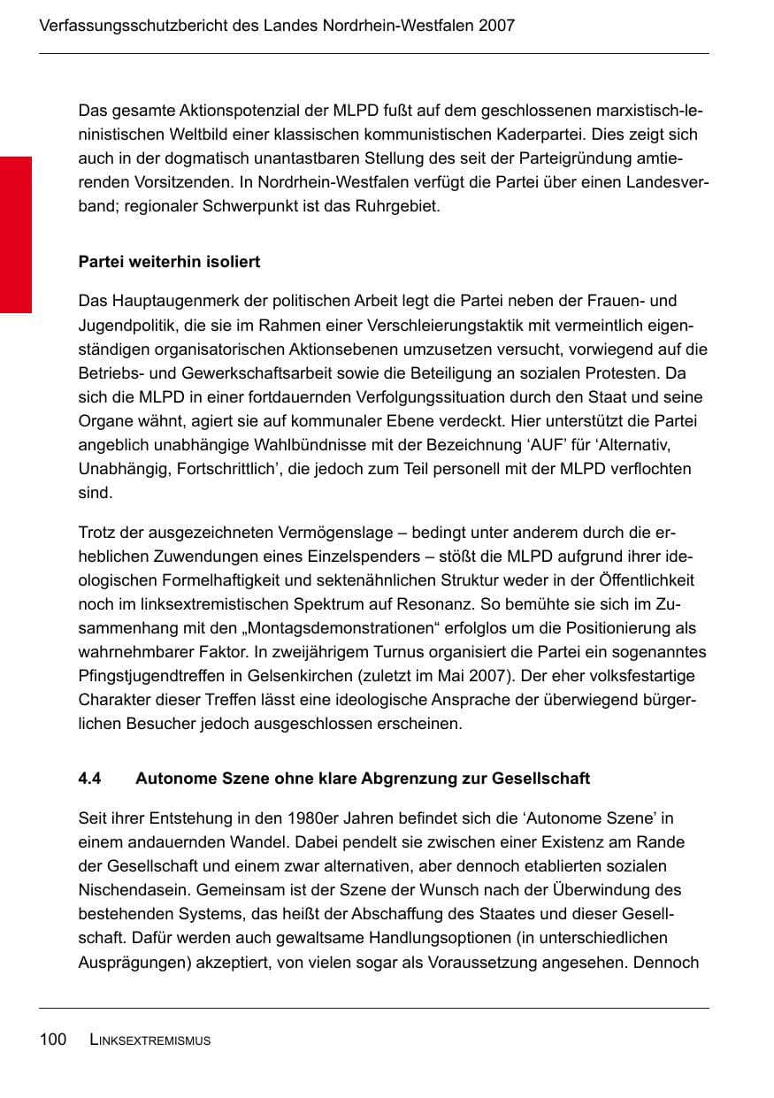 Seite 102 des Verfassungsschutzbericht 2007 Nordrhein-Westfalen