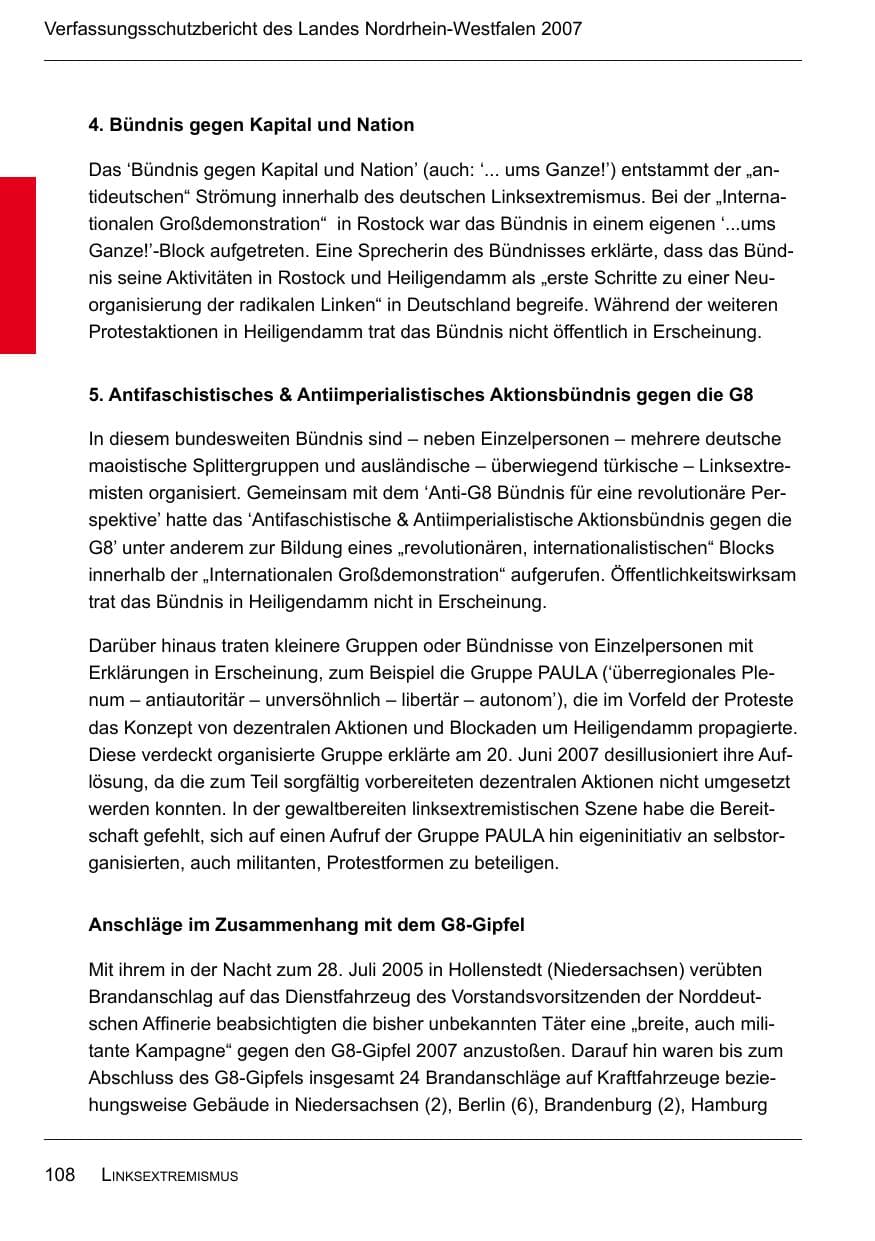 Seite 110 des Verfassungsschutzbericht 2007 Nordrhein-Westfalen